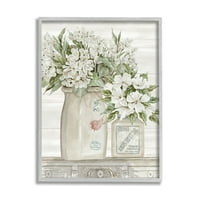 Stupell Industries csábító fehér virágos klasszikus vidéki kerámia edények grafikus művészet szürke keretes művészet nyomtatott