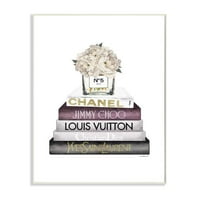 Stupell Industries White Flower Pink Gold Bookstack GLAM divattervező fali plakk, Amanda Greenwood