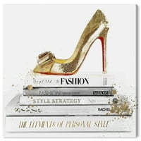 Wynwood Studio Fashion and Glam Wall Art vászon nyomtatja az „aranycipő és a vörös talpú” cipőt - arany, fehér