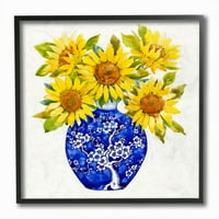 Stupell Industries akvarell sárga napraforgó csokor kék váza keretes fali művészet tervezve, Tim Otoole, 12 12