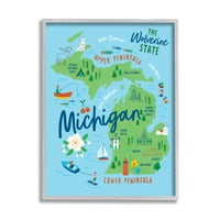 Stupell Industries Mindennapi Michigan illusztrált térkép grafikus szürke keretes művészeti nyomtatási fal művészet, Nina Seven