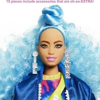 Barbie Extra divat baba kanyargós alakú & göndör kék haj kék kabát kiegészítők & Pet