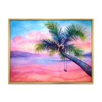 Designart 'Vivid Sunset Landscape Swing and Palm' tengeri és parti keretes vászonfali nyomtatás