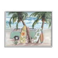Stupell nyári hullámok trópusi furgon szörfdeszkák tájfestés szürke keretes művészeti nyomtatási fal művészet