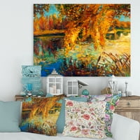 Designart 'Narancssárga őszi erdő tükrözi a folyó tó házának vászon fali művészetét