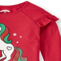 Karácsonyi hosszú ujjú grafikus fodros póló, tutu és nyomtatott nadrág, ruhakészlet
