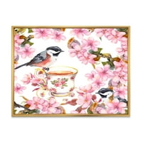 Designart 'Tea csésze madarak és rózsaszín virágok' hagyományos keretes vászon fali művészet