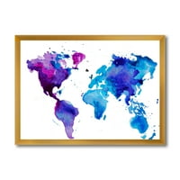 Designart 'Kék és lila világtérkép' Modern keretes művészeti nyomtatás