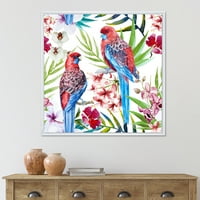 Designart 'Rosella madarak ülnek a virágokon ágon' hagyományos keretes vászon fali művészet nyomtatás