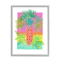 Stupell Industries Neon Palm Tree Botanicals trópusi tengerparti levelek grafikus művészet szürke keretes művészeti nyomtatási