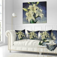 Designart fehér liliomok kék akvarellen - Virágos dobás párna - 16x16