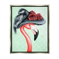 Stupell Industries Classy Flamingo Vintage Fekete Flual Hat Green Pattern Graphic Art Luster szürke úszó keretes vászon nyomtatott