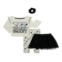 Snoopy baba és kisgyermek lány teteje, tutu szoknya, nadrág és scrunchie ruhakészlet, 4 darab, hónapok-5T