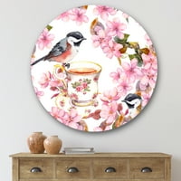 Designart 'Tea csésze madarak és rózsaszín virágok' hagyományos körfém fali művészet - 29 -es lemez