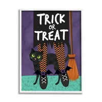 Stupell Industries Trick vagy Treat Cat & Witch Graphic Art Fehér Keretes Art Print Wall Art, Design by Linda Birtel