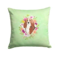 Caroline kincsei CK4426PW Basset Hound zöld virágok szövet dekoratív párna 14hx14w, Többszínű