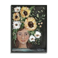 Stupell Industries Lány virág korona sárga fehér virágfestés festés fekete keretes művészet nyomtatott fali művészet, tervezés: