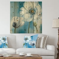 Designart 'közelről fehér virág a kék I' parasztház nyomtatás természetes fenyőfa
