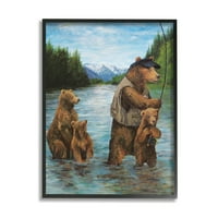 Stupell Industries Brown Grizzly Bear Family Halászat hegyi tó tájfestmények Fekete keretes művészeti nyomtatási fal művészet,