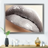 A női ajkak közeli képe csillogó ezüst keretes fényképezésű vászon art nyomtatás