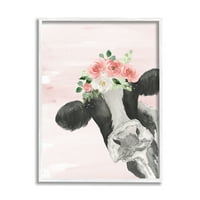 Stupell Industries Dairy Farm tehén akvarell Portré rózsaszín virágkorona, 20, Lucille tervezése