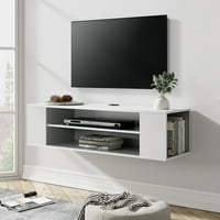 Fehér úszó TV -állvány tárolóval TV -vel, falra szerelt szórakoztató központ a nappali számára