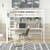 Euroco Wood Twin méretű tetőtéri ágy íróasztallal és polcokkal Gyerekszobához, alsó ágy tároló és dolgozószoba, fehér