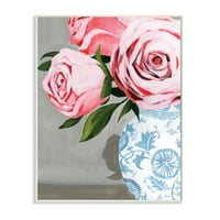 Virágzó rózsaszín rózsák díszes kék váza keretes festmény művészeti nyomatok