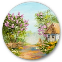 Designart 'Kis ház a virágzó virágok erdőben' Lake House Circle Metal Wall Art - 11 -es lemez