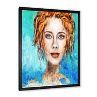 Designart 'egy nő arca vörös hajjal és zöld szemmel' modern keretes művészeti nyomtatás