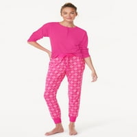 Joyspun női gofri HACCI kötött Henley Top és Joggers pizsama szett, 2 darab, S méret S-tól 3x-ig