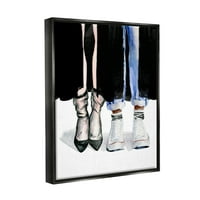 Stupell Industries Divat Man & Woman cipő Heels szépség- és divatfestés Fekete úszó keretes művészeti nyomtatási fal művészet