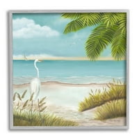 Heron bámulás trópusi parti part menti festmény szürke keretes művészeti nyomtatási fal művészet