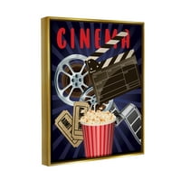 Stupell Industries Cinema Movie Reel Popcorn Entertains Sign Graphic Art Metallic Gold Lebegő Keretes vászon nyomtatott fali