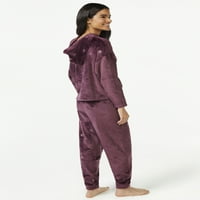 JoySpun női csillag nyomtatott plüss kapucnis és nadrág pizsama szett, 2 darab, 3x-os méretek