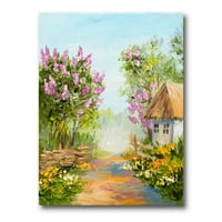 Designart 'Kis ház a virágzó virágok erdőjében' Lake House Canvas Wall Art nyomtatás