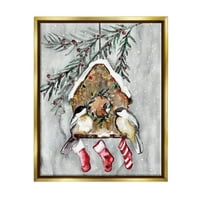 Stupell Industries Holiday Stockings Birdhouse ülő grafikus művészet metál arany úszó keretes vászon nyomtatott fali művészet,