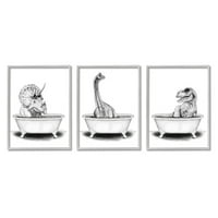 Stupell dinoszauruszok fürdőszoba kád állatok és rovarok festés szürke keretes művészet nyomtatott fali művészet, 3 -as készlet