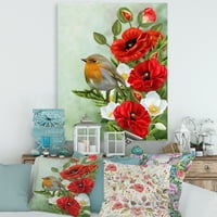 Designart 'Red Poppies és Fehér Anemones sárga madárral' hagyományos vászon fali művészet nyomtatás