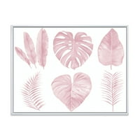 Designart 'Trópusi rózsaszín akvarell levelek fehér I' Shabby Chic keretes vászonfali nyomtatás