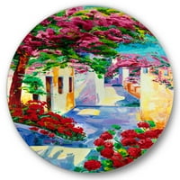 Designart 'Színes hagyományos Santorini házak a virágok között' Tengeri és parti körfém fali művészet - 23 -as lemez